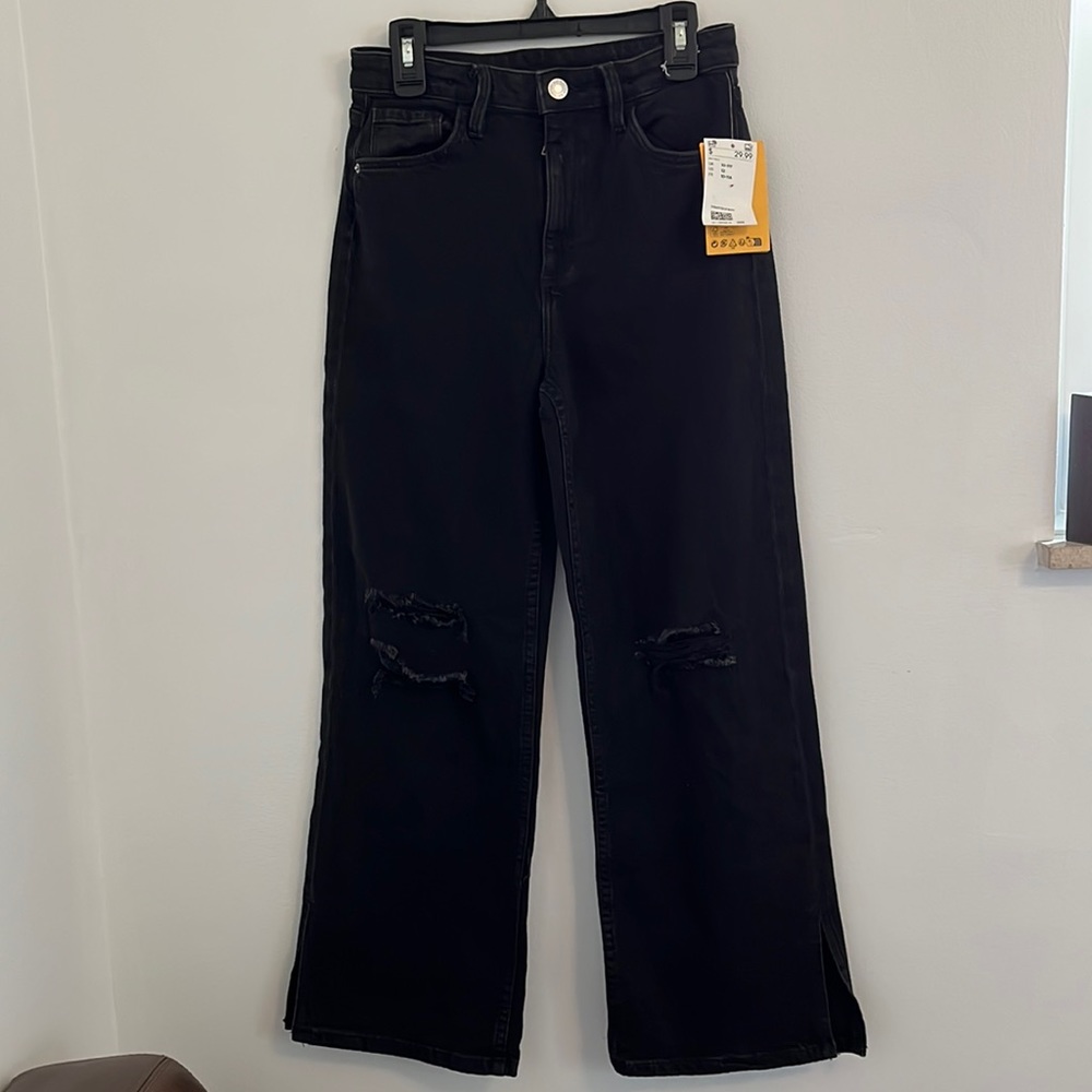 H&M Girls Black Distressed Wide Leg Jeans
